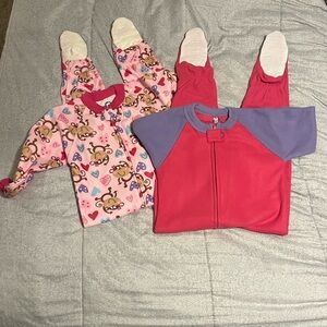 Gerber Lot of 2 Toddler Girl Sleeper Zip Up Pajamas Monkey Print Pink 3T